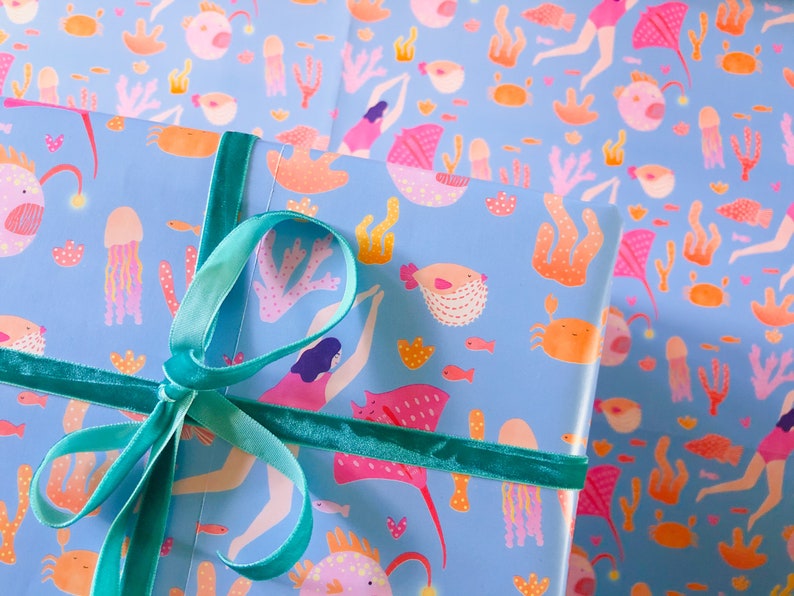 Gift Wrap of Diver and Sea Creatures // Wrapping Paper // Birthday Gift Wrap // Present Wrapping // Illustrated Gift Wrap image 7