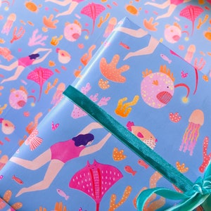 Gift Wrap of Diver and Sea Creatures // Wrapping Paper // Birthday Gift Wrap // Present Wrapping // Illustrated Gift Wrap image 5