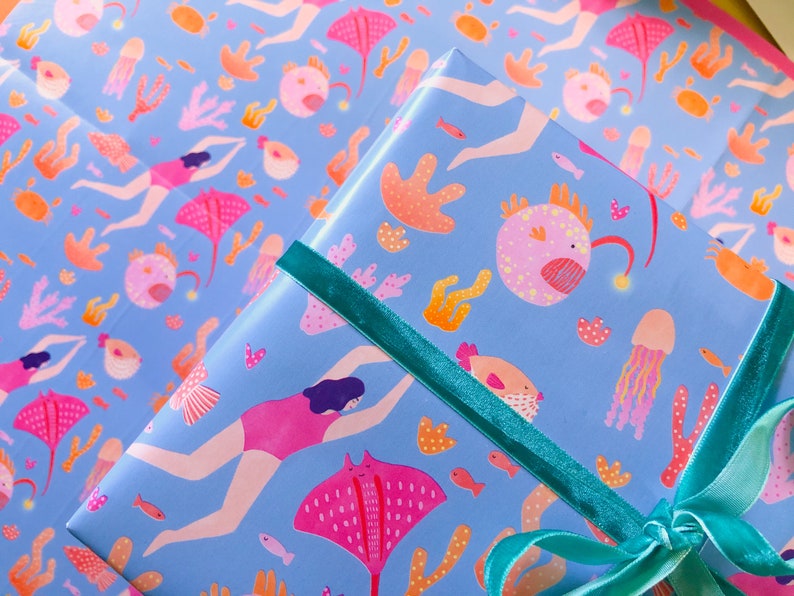 Gift Wrap of Diver and Sea Creatures // Wrapping Paper // Birthday Gift Wrap // Present Wrapping // Illustrated Gift Wrap image 5