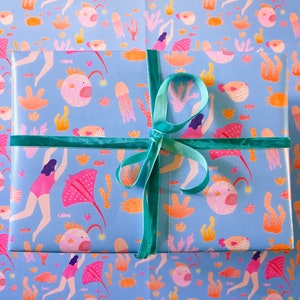 Gift Wrap of Diver and Sea Creatures // Wrapping Paper // Birthday Gift Wrap // Present Wrapping // Illustrated Gift Wrap image 1
