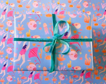 Gift Wrap of Diver and Sea Creatures // Wrapping Paper // Birthday Gift Wrap // Present Wrapping // Illustrated Gift Wrap