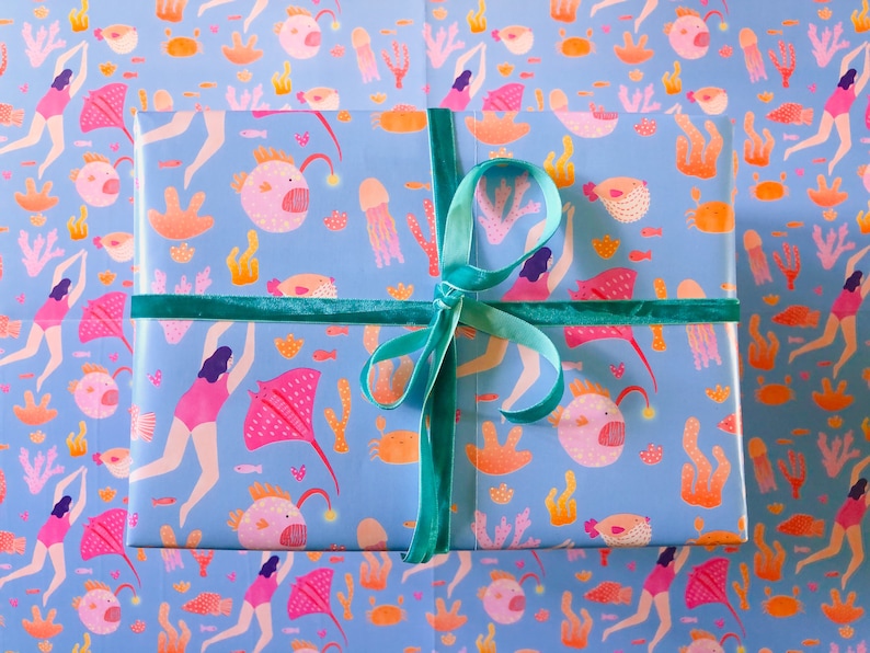 Gift Wrap of Diver and Sea Creatures // Wrapping Paper // Birthday Gift Wrap // Present Wrapping // Illustrated Gift Wrap image 1
