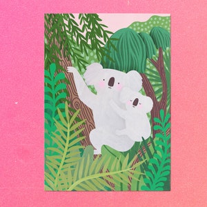 May include: A white koala and a baby koala are sitting in a tree. The tree is surrounded by green leaves. The background is a light pink color.