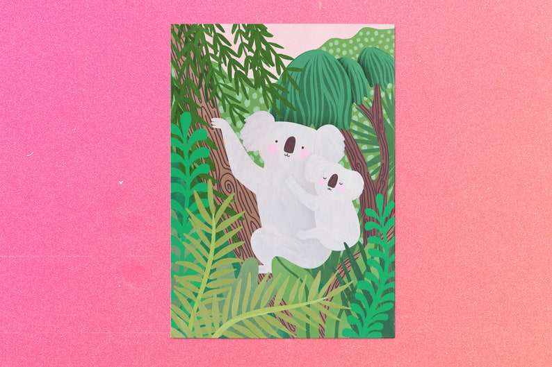 May include: A white koala and a baby koala are sitting in a tree. The tree is surrounded by green leaves. The background is a light pink color.
