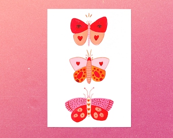 Pink and Red Love Bugs, Butterfly Print, Floral Wall Art, Botanical Illustration, Botanical Art, Floral Print, Flower Print