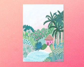 Lámina botánica de cabaña Tiki, decoración de selva costera tropical