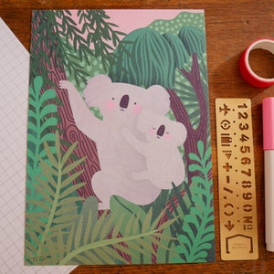 May include: A digital illustration of two koalas, a mother and baby, hugging in a lush green forest. The koalas are light pink and white, and the forest is filled with green leaves and branches.