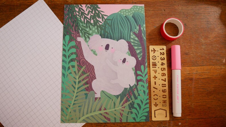 May include: A digital illustration of two koalas, a mother and baby, hugging in a lush green forest. The koalas are light pink and white, and the forest is filled with green leaves and branches.