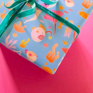Gift Wrap of Diver and Sea Creatures // Wrapping Paper // Birthday Gift Wrap // Present Wrapping // Illustrated Gift Wrap image 3