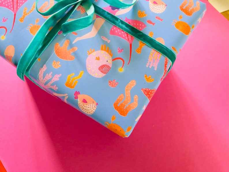 Gift Wrap of Diver and Sea Creatures // Wrapping Paper // Birthday Gift Wrap // Present Wrapping // Illustrated Gift Wrap image 3
