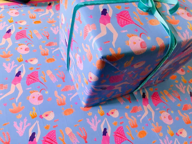 Gift Wrap of Diver and Sea Creatures // Wrapping Paper // Birthday Gift Wrap // Present Wrapping // Illustrated Gift Wrap image 9