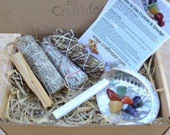 Sage Smudge and Chakra Crystal Kit - Perfect for Smudging House, Crystals, People & Spiritual Areas - Complete with a Craftmoor User Guide