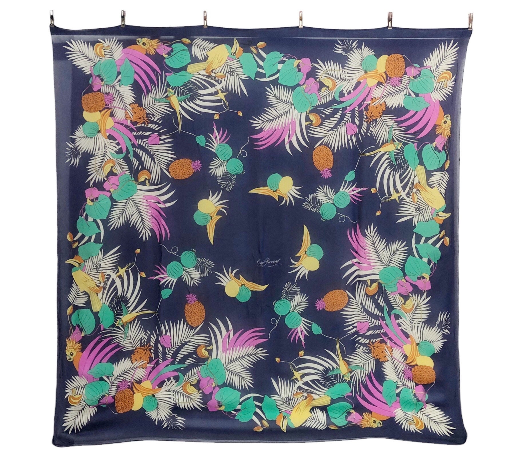NWT HANDMADE Floral and Bird 16” x 16” Scarf #17 L984 Navy Birds of Paradise Print Wool Scarf – Drakes US main image 2