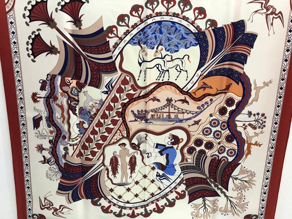 Hermes “les Nrintemns De Theza” Silk Scarf Vintage (35”x”34