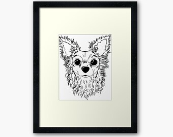 May include: Framed black and white art print featuring a detailed line drawing of a Chihuahua dog's face. The dog has large, expressive eyes and fluffy fur, set against a white background within a black frame. The artwork is a portrait style.