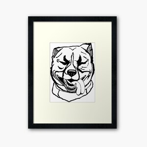 May include: Black and white line drawing of a dog with its tongue sticking out. The dog has its eyes closed and appears to be smiling.