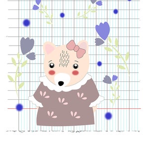 Illustration oursonne avec décor de fleurs et page de cahier, format A4, papier satiné