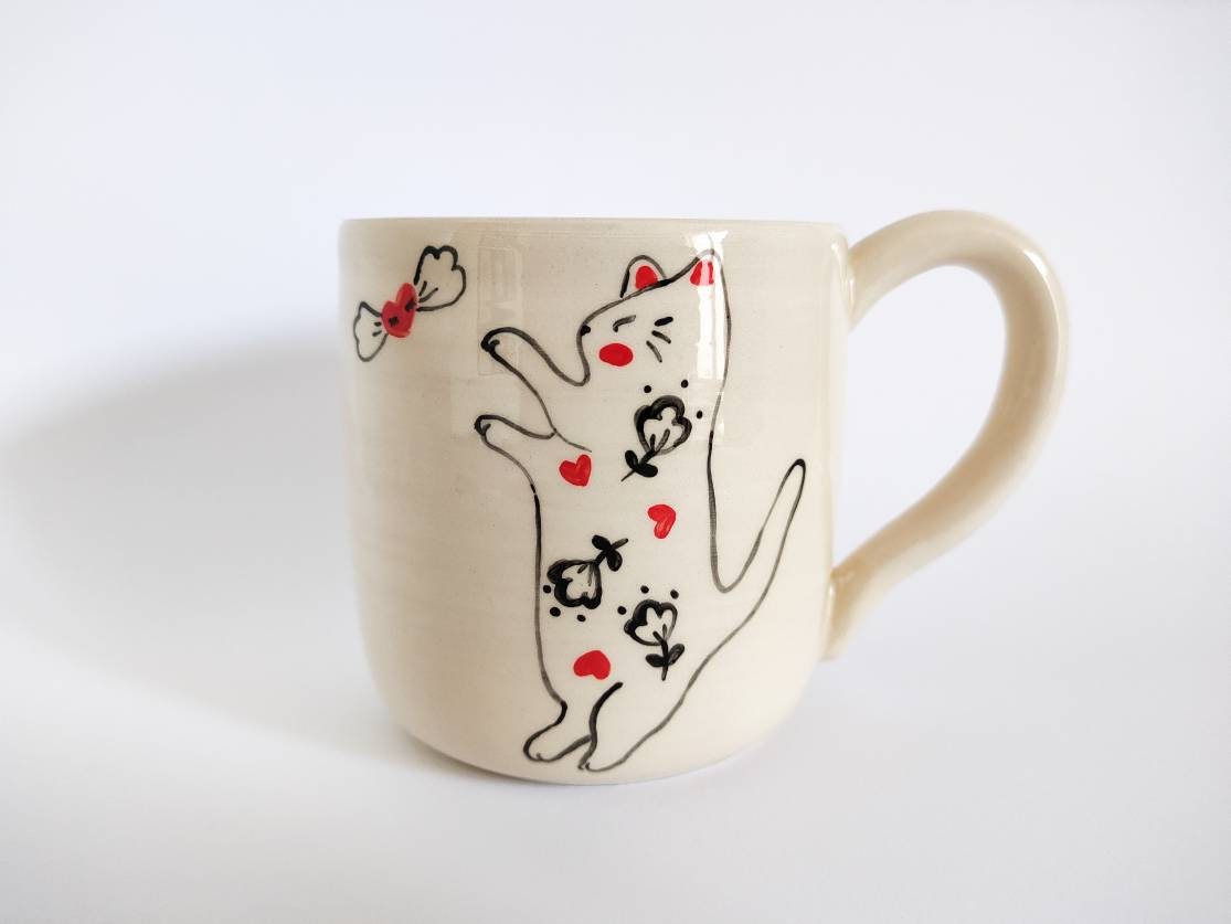 Mug en Céramique avec Décor de Chat et Petit Coeur Ailé