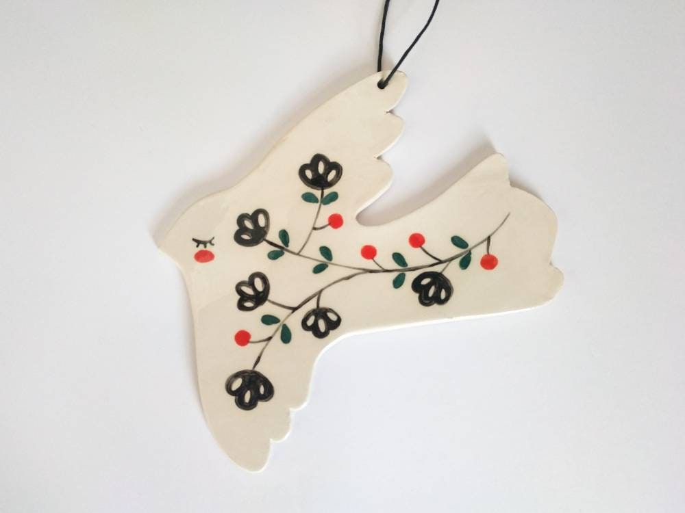 Petite Décoration Oiseau à Suspendre Au Décor Floral, en Céramique