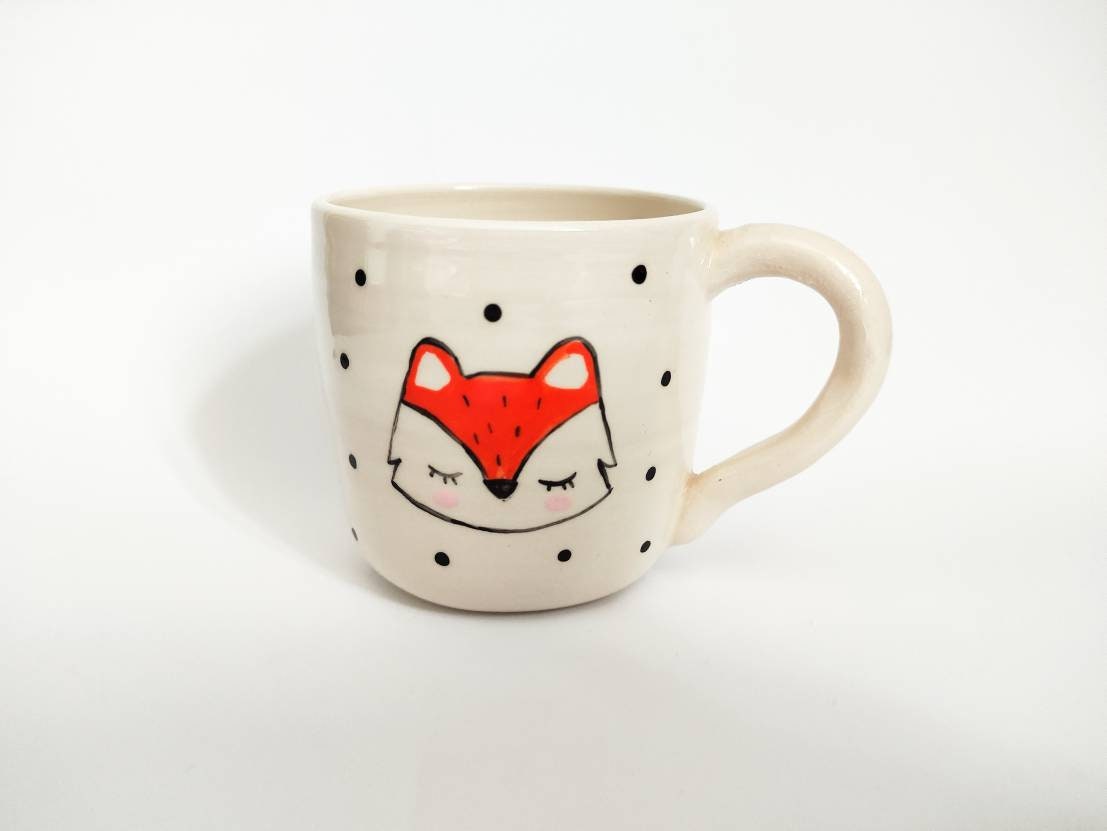 Mug en Céramique avec Décor de Tête Renard et Pois Noirs