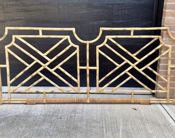 Vintage Bamboo Rattan Fretwork Chinoiserie Headboard Bed King