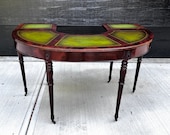 Early 20th C. Antique Demi-Lune Drop Front Flame Mahogany Green Leather Desk