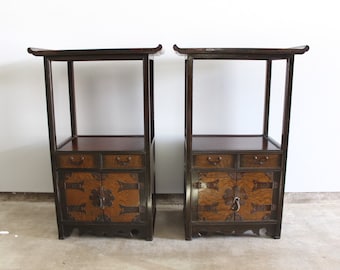 Early 20th Century Antique Korean Asian Chinoiserie Pagoda Side Cabinets - a Pair