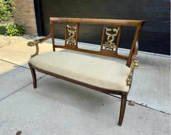 Early 20th Century Antique Wood Settee With Gilt Gold Carved Dolphins Dragons