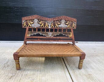 Vintage Rare Hand Carved & Tied Teak Wood Indian Pidha Bench Rope