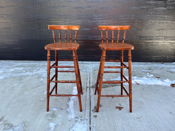 Antique 20th C. Spindle Bobbin Early American Bar Stools ~ a Pair