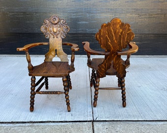 19th C. Antique Tiger Wood Carved Barrel Arm Chairs ~ a Pair