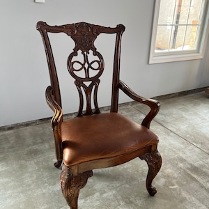 C. 19th Century Leather Philadelphia Chippendale Carved Armchair