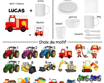 Gobelet, Assiette, Mug, Bol, Couverts, Serviette de table. Article Repas Enfant Personnalisé