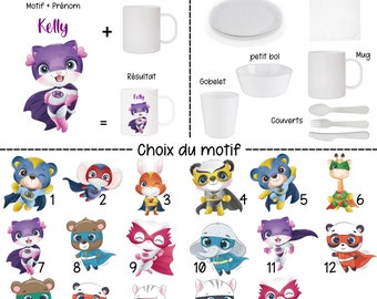 Gobelet, Assiette, Mug, Bol, Couverts, Serviette de table. Article Repas Enfant Personnalisé