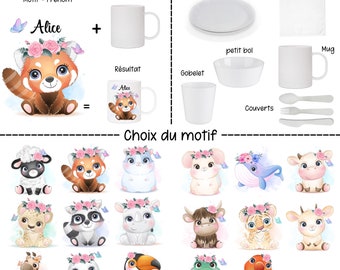 Gobelet, Assiette, Mug, Bol, Couverts, Serviette de table. Article Repas Enfant Personnalisé