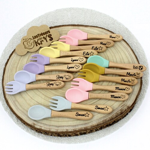 Couverts Cuillere Fourchette Bebe En Silicone Et Bois Etsy