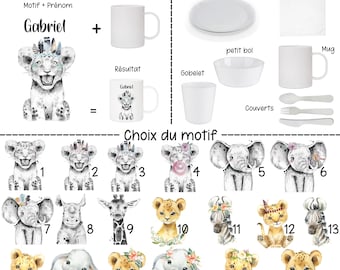 Gobelet, Assiette, Mug, Bol, Couverts, Serviette de table. Article Repas Enfant Personnalisé