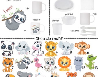 Gobelet, Assiette, Mug, Bol, Couverts, Serviette de table. Article Repas Enfant Personnalisé