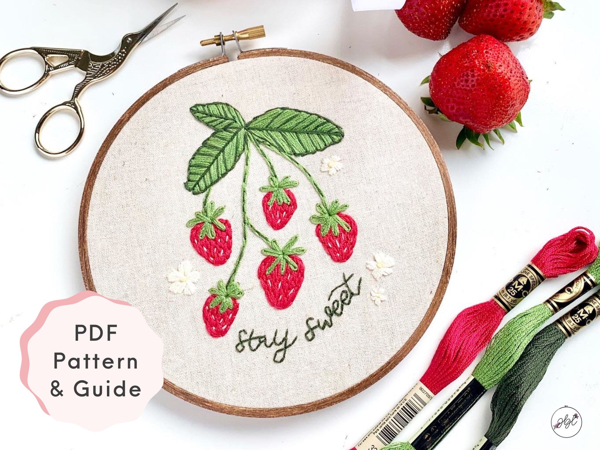 イチゴの刺繍パターン、イチゴの刺繍デザイン、イチゴの刺繍 PDF