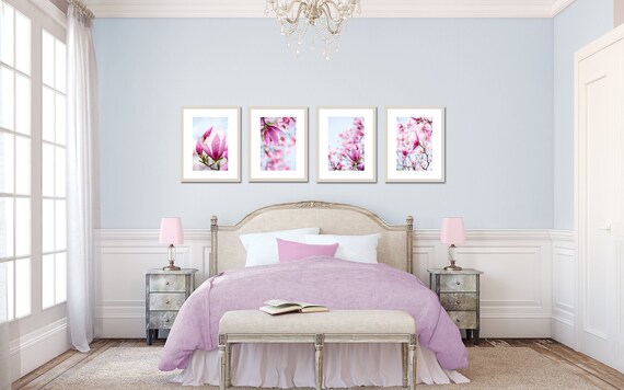 Set Of 4 Pink Purple Magnolia Flower Prints Magnolia Print Set Purple And Blue Flower Art Hot Pink Flower Print Purple Flower Print