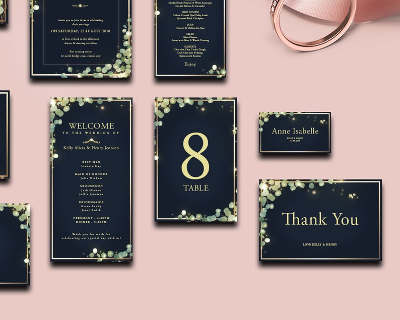 Elegant Navy Blue Wedding Invitation Suite