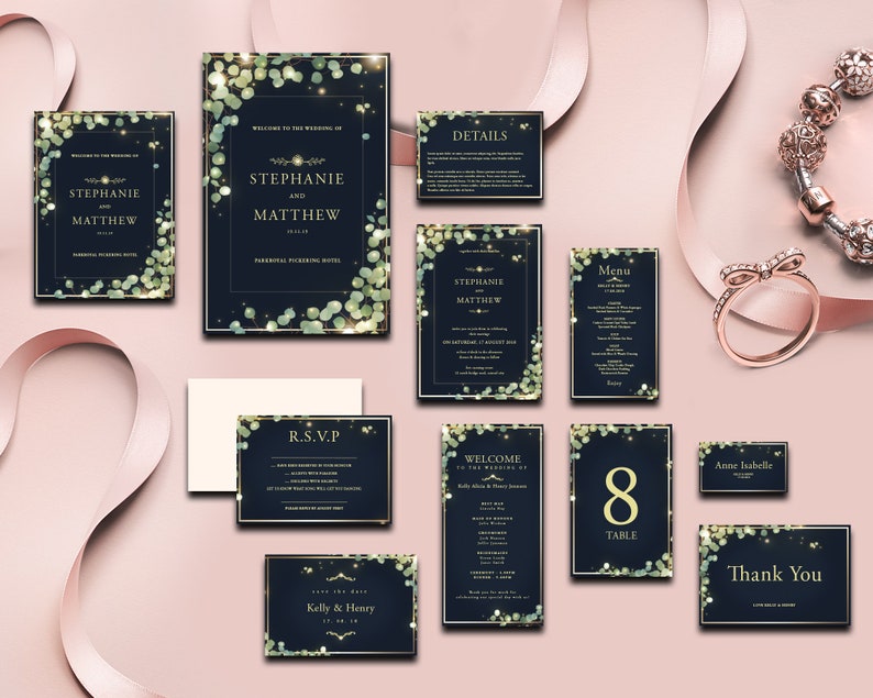 Elegant Navy Blue Wedding Invitation Suite