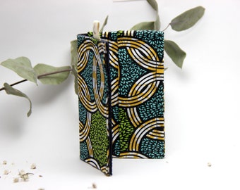 Porte-Cartes en Tissu africain wax vert et bleu et en simili cuir - Kinkala