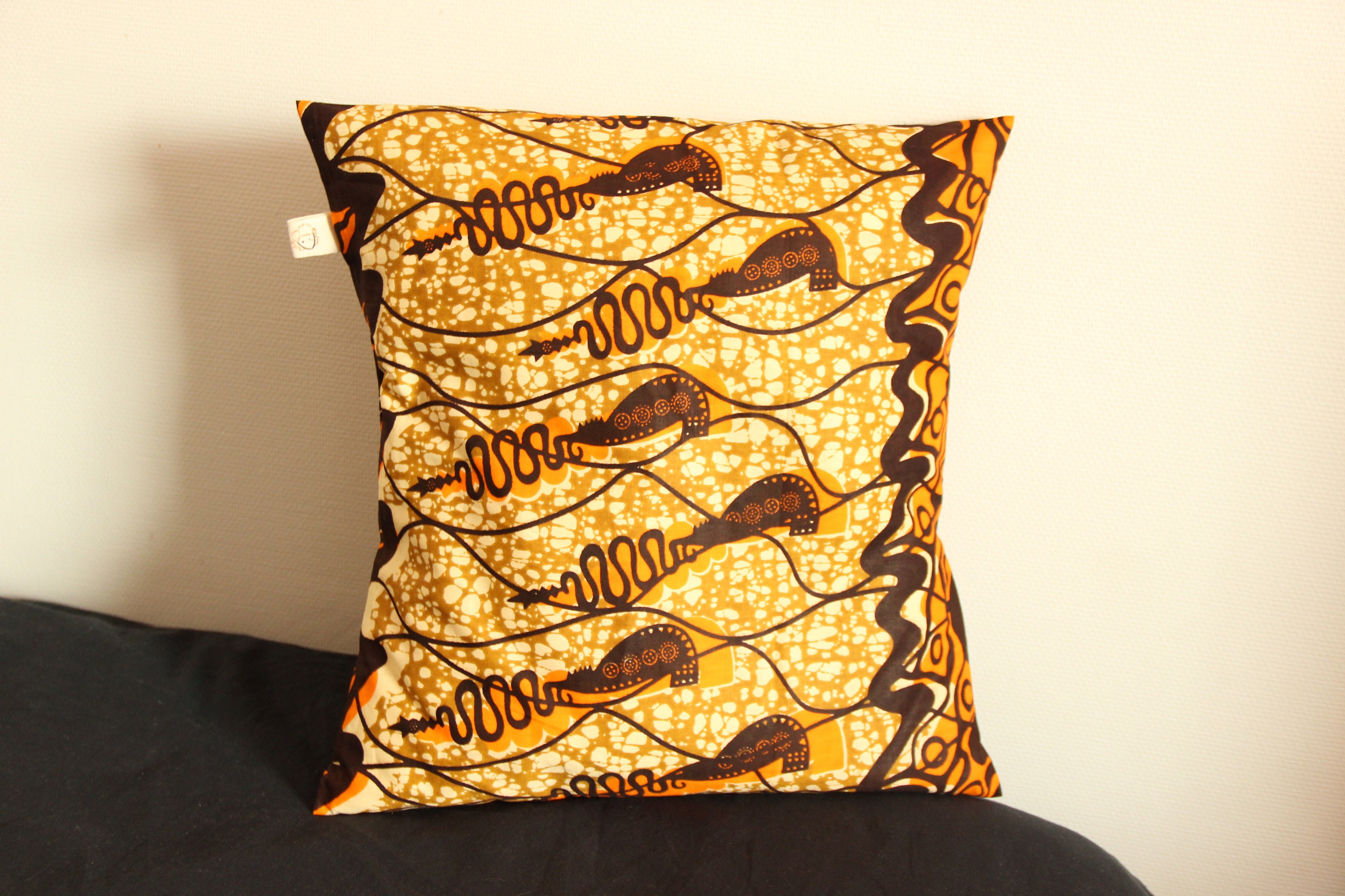 Housse de Coussin en Tissu Africain Wax, 100% Coton, Beige, Marron et Orange - Caméléon