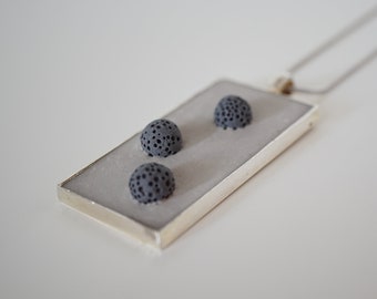 Concrete dark grey necklace with ceramic spheres | Modern minimalist rectangle cement pendant | Concrete gift jewelry | JewelrybyMok