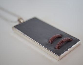 Concrete dark grey pendant with brown leather band | Modern minimalist rectangle cement necklace | Concrete gift jewelry | JewelrybyMok