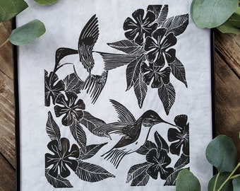 Hummingbirds Linoleum Block Print