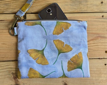 Pulsera con cremallera con estampado de Ginkgo, bolso con cremallera de hoja de Ginkgo, embrague con cremallera de pulsera hecho a mano