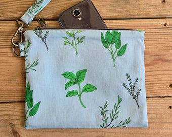 Herb Print Wristlet Zipper Bag, Handmade Wristlet Zipper Pouch, Green Herb Zipper Bag