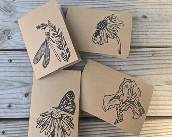 Hand printed nature cards, linocut flower cards, assorted pollinator cards